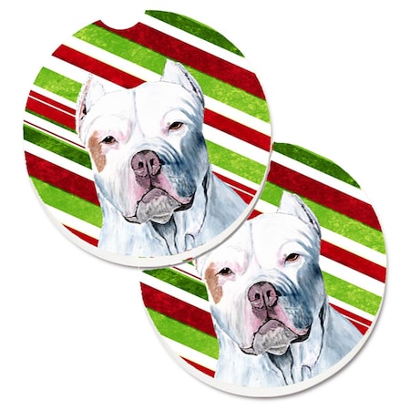 Carolines Treasures Pit Bull Candy Cane Holiday Christmas Set of 2 Cup Holder Car Coaster SC9341CARC